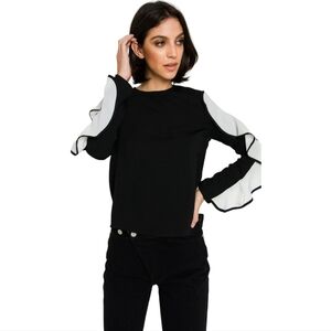 Endless Rose Cascading Ruffle Sleeve Blouse Black White Size Small